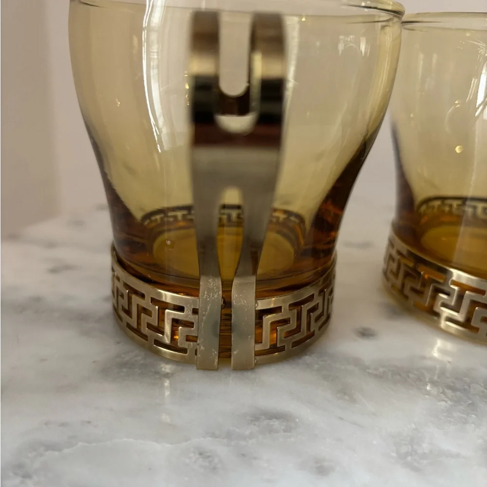 2 Vintage MCM Libbey Amber Glass Continental Cup w Gold Metal Greek Key Handles - Picture 6 of 12